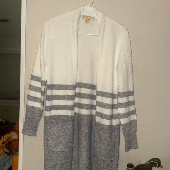 NWT Michael Kors Gray and White Striped Cardigan - Picture 1 of 6